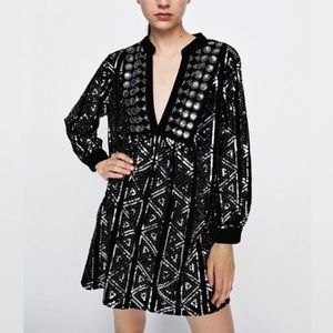 Zara black velvet silver sequined dress s